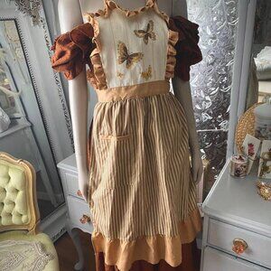 sweet vintage cottagecore butterfly moth apron brown ruffle cotton | bookish
